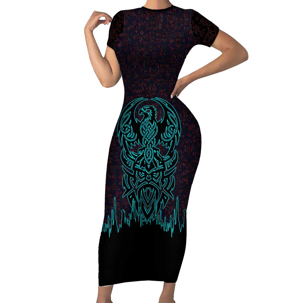 Viking Warrior Helm Short Sleeve Bodycon Dress Neon Tribal Linework and Runic Pattern Art
