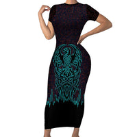 Viking Warrior Helm Short Sleeve Bodycon Dress Neon Tribal Linework and Runic Pattern Art