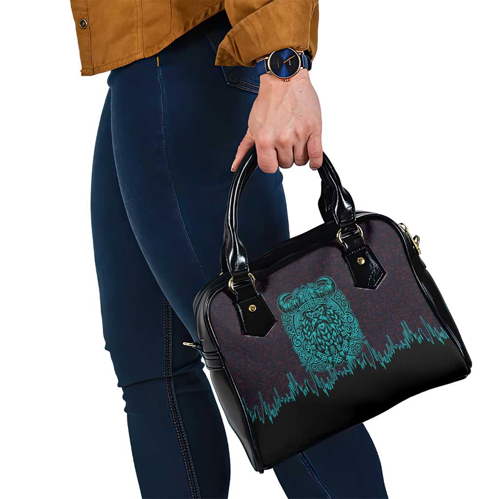 Viking Warrior Helm Shoulder Handbag Neon Tribal Linework and Runic Pattern Art
