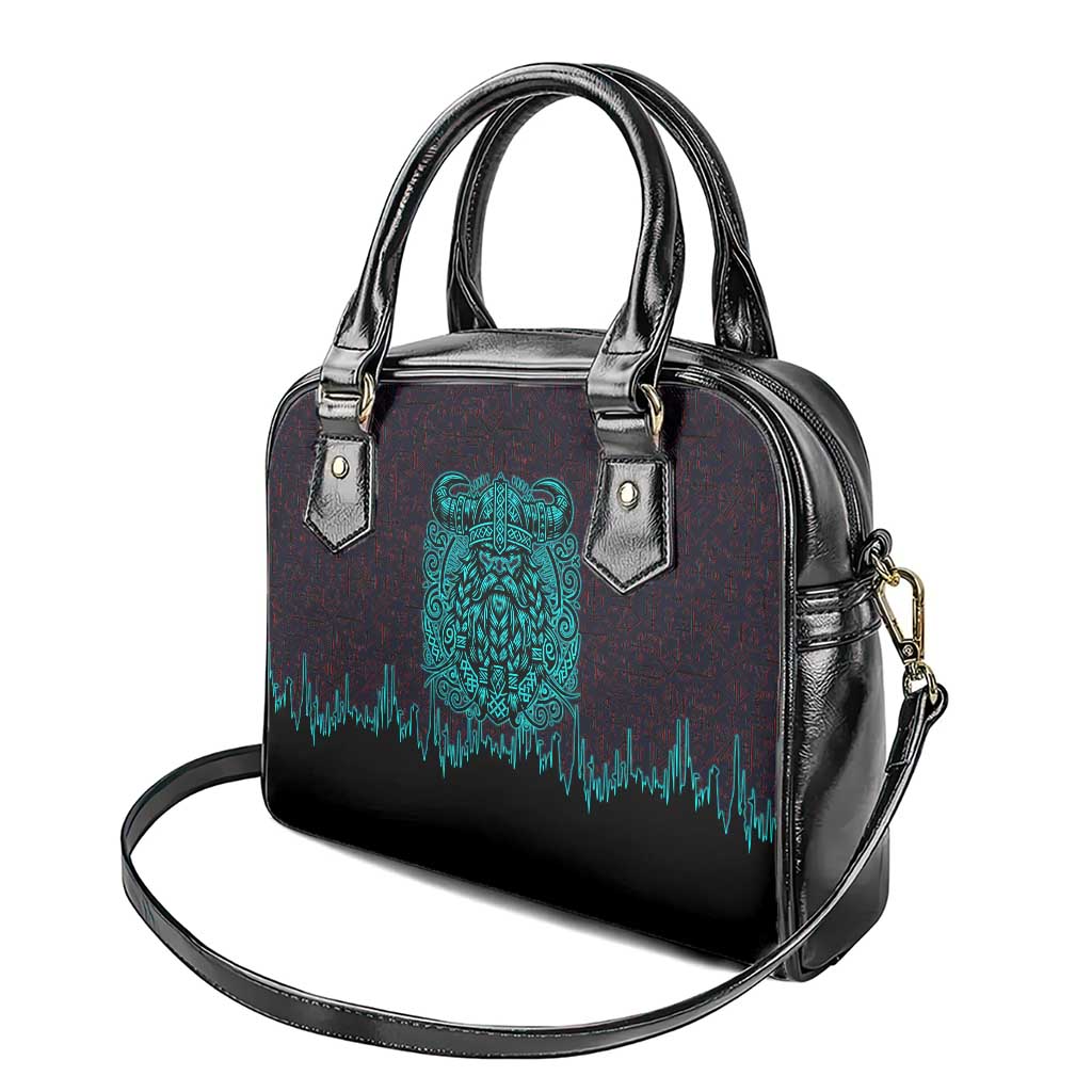 Viking Warrior Helm Shoulder Handbag Neon Tribal Linework and Runic Pattern Art