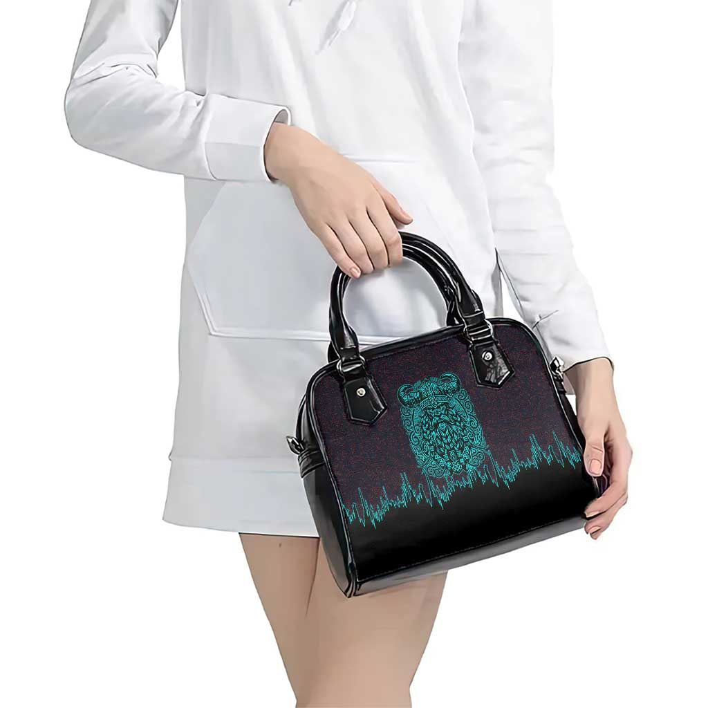 Viking Warrior Helm Shoulder Handbag Neon Tribal Linework and Runic Pattern Art