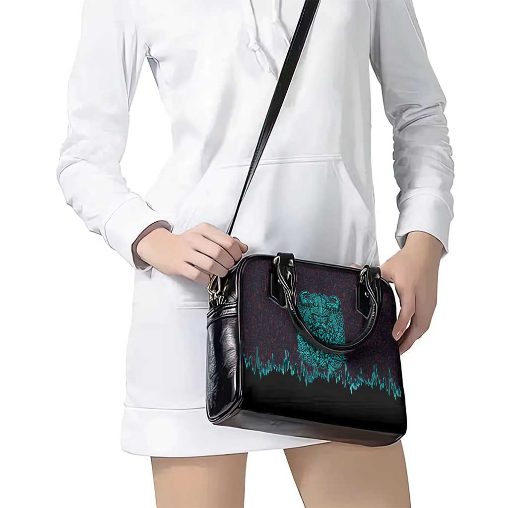 Viking Warrior Helm Shoulder Handbag Neon Tribal Linework and Runic Pattern Art