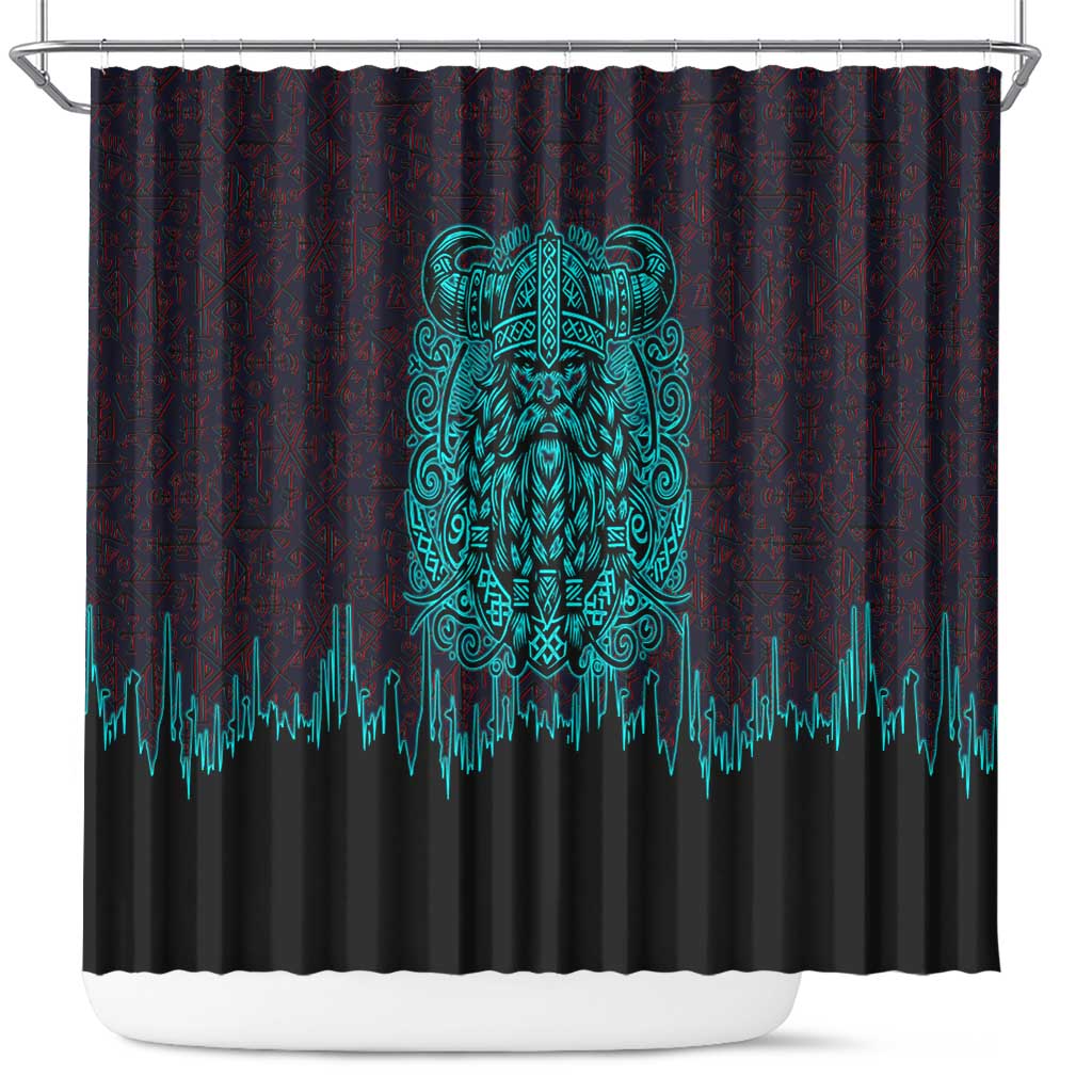 Viking Warrior Helm Shower Curtain Neon Tribal Linework and Runic Pattern Art
