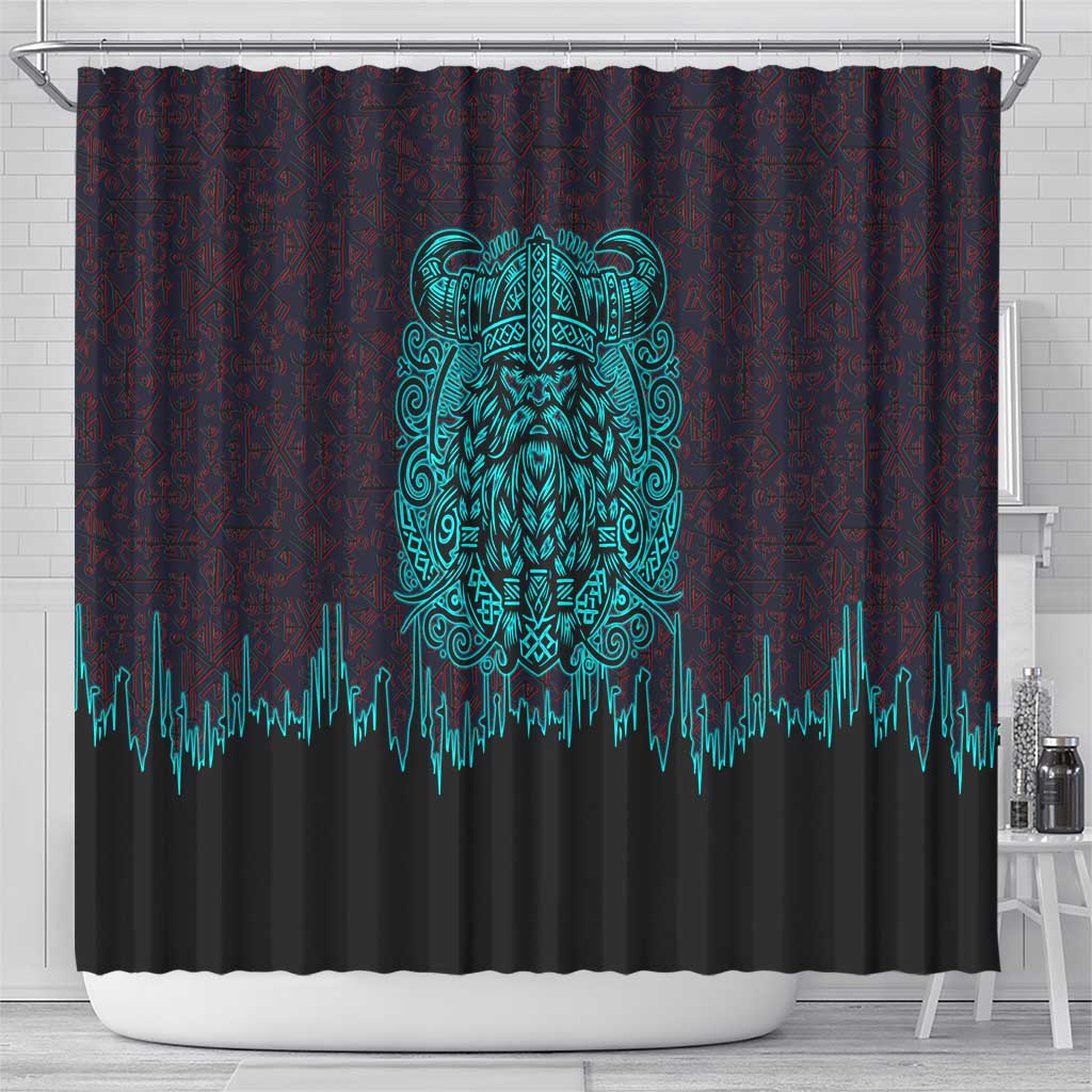Viking Warrior Helm Shower Curtain Neon Tribal Linework and Runic Pattern Art