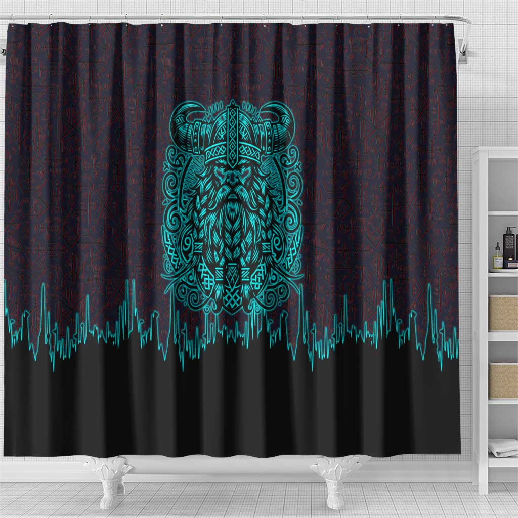 Viking Warrior Helm Shower Curtain Neon Tribal Linework and Runic Pattern Art