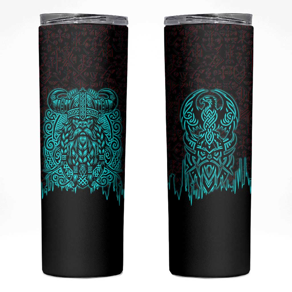 Viking Warrior Helm Skinny Tumbler Neon Tribal Linework and Runic Pattern Art
