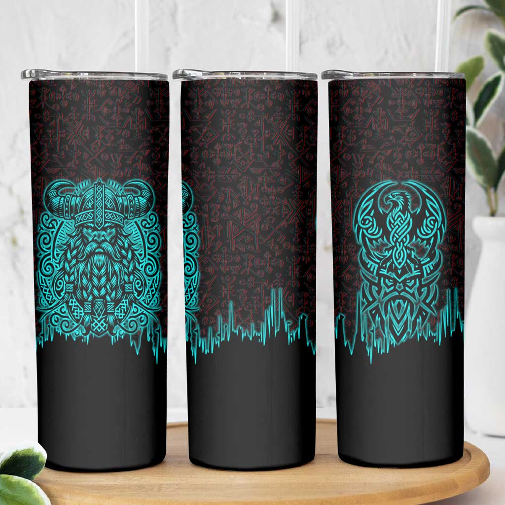 Viking Warrior Helm Skinny Tumbler Neon Tribal Linework and Runic Pattern Art