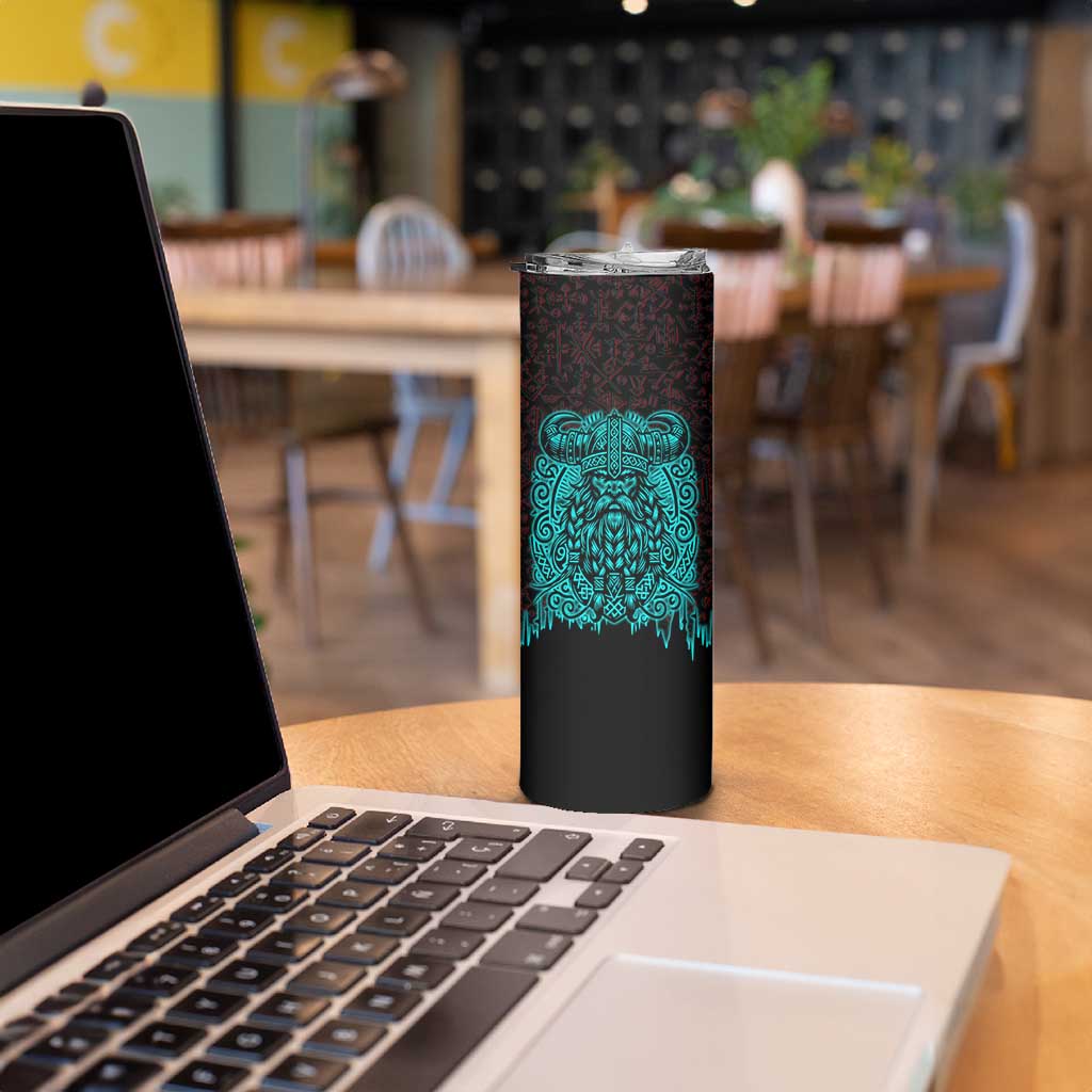 Viking Warrior Helm Skinny Tumbler Neon Tribal Linework and Runic Pattern Art