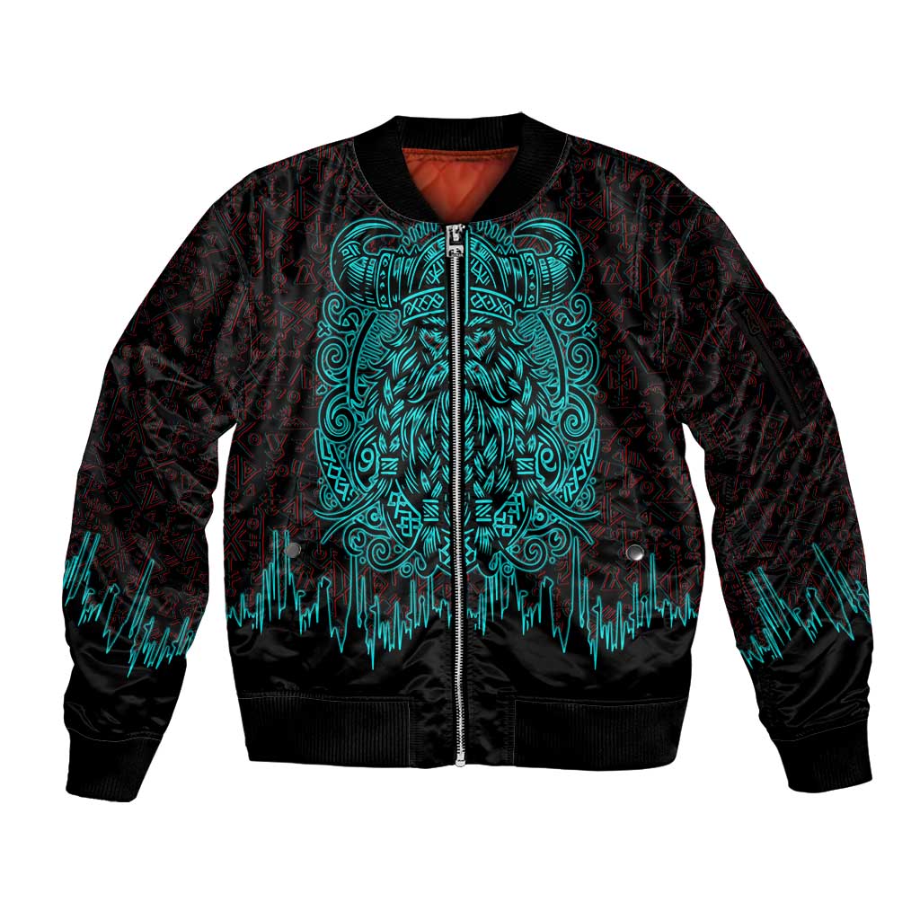 Viking Warrior Helm Sleeve Zip Bomber Jacket Neon Tribal Linework and Runic Pattern Art