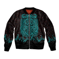 Viking Warrior Helm Sleeve Zip Bomber Jacket Neon Tribal Linework and Runic Pattern Art