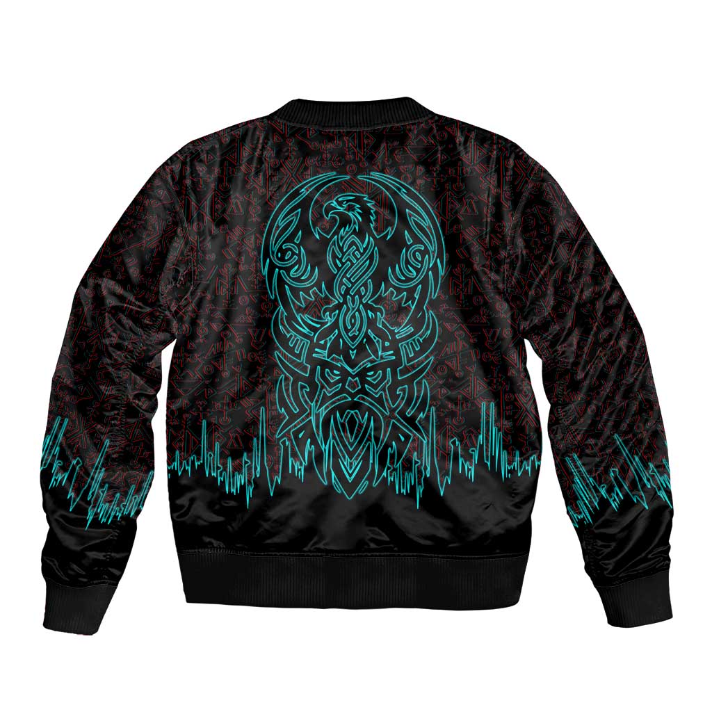 Viking Warrior Helm Sleeve Zip Bomber Jacket Neon Tribal Linework and Runic Pattern Art