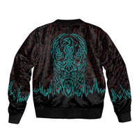 Viking Warrior Helm Sleeve Zip Bomber Jacket Neon Tribal Linework and Runic Pattern Art