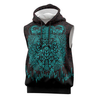 Viking Warrior Helm Sleeveless Hoodie Neon Tribal Linework and Runic Pattern Art