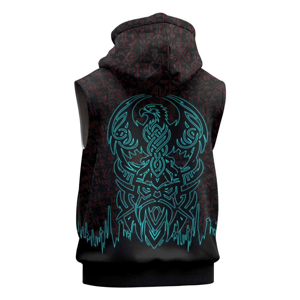 Viking Warrior Helm Sleeveless Hoodie Neon Tribal Linework and Runic Pattern Art