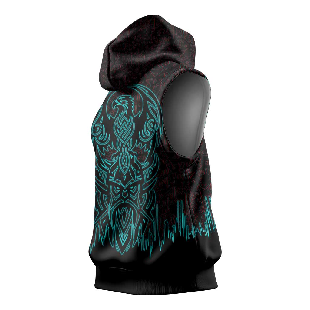 Viking Warrior Helm Sleeveless Hoodie Neon Tribal Linework and Runic Pattern Art