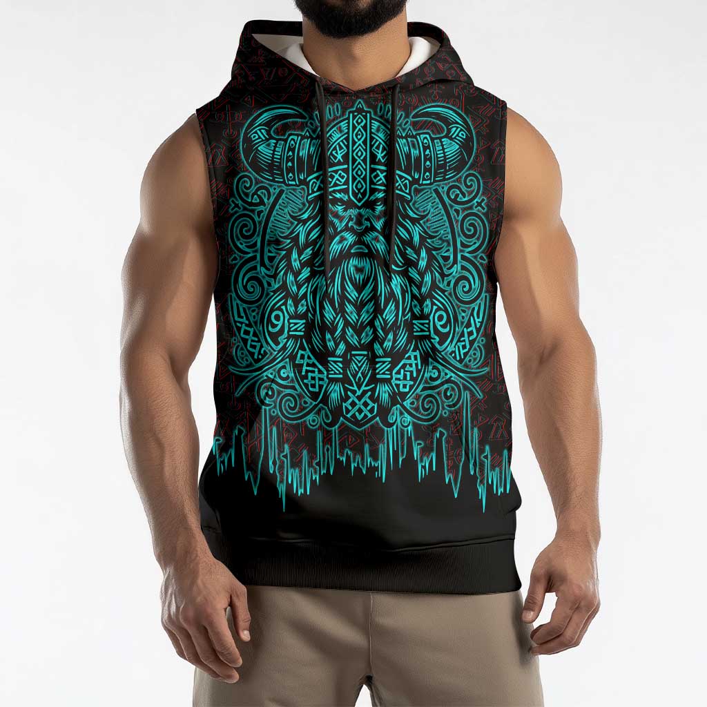 Viking Warrior Helm Sleeveless Hoodie Neon Tribal Linework and Runic Pattern Art