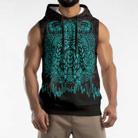 Viking Warrior Helm Sleeveless Hoodie Neon Tribal Linework and Runic Pattern Art