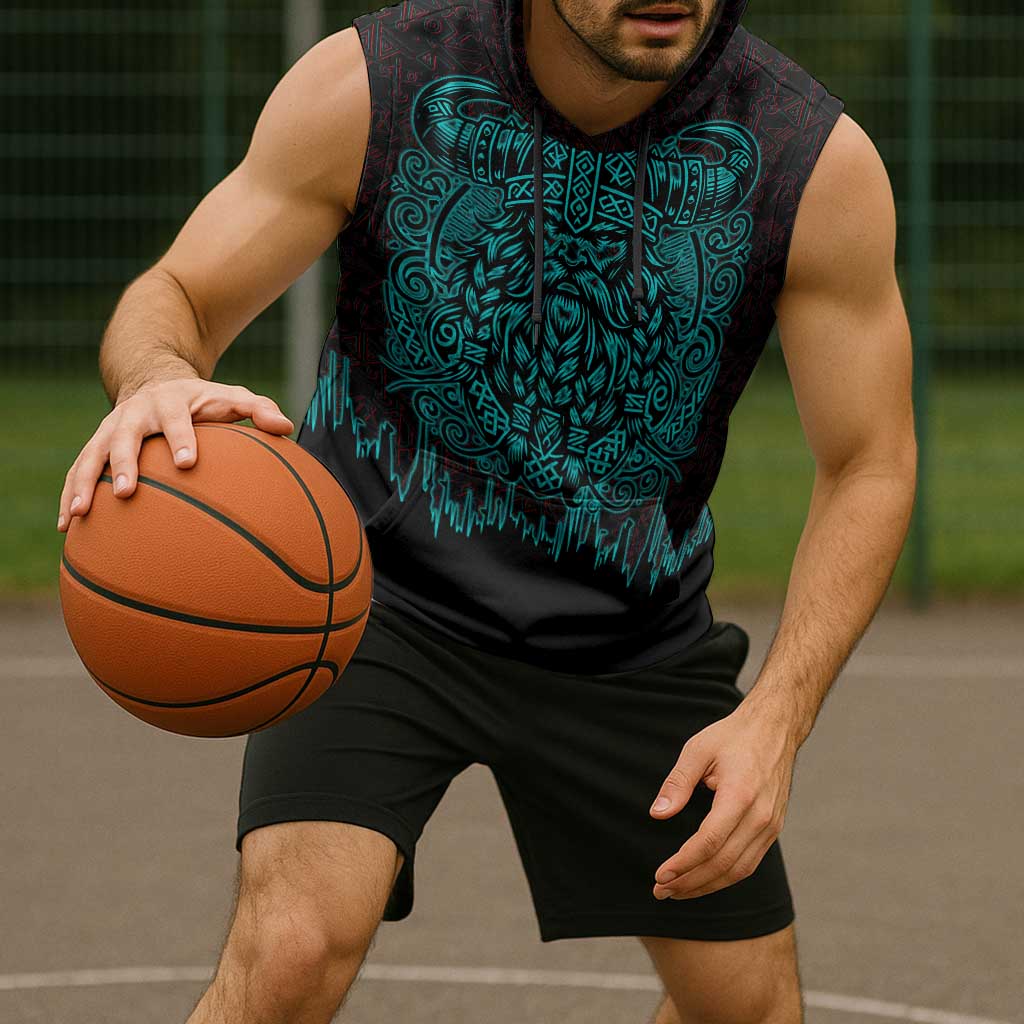 Viking Warrior Helm Sleeveless Hoodie Neon Tribal Linework and Runic Pattern Art