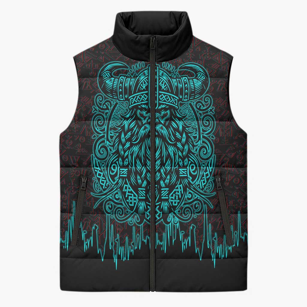 Viking Warrior Helm Sleeveless Puffer Jacket Neon Tribal Linework and Runic Pattern Art