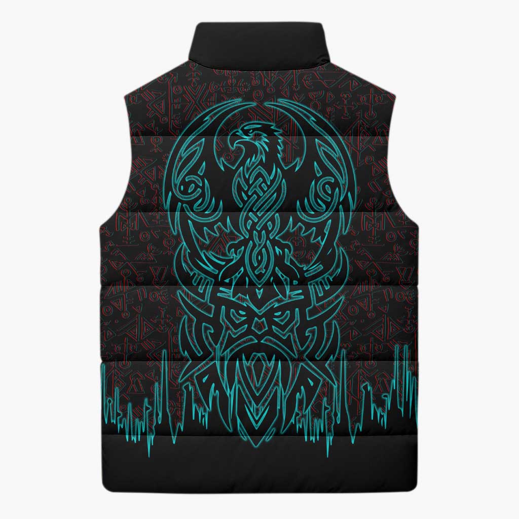 Viking Warrior Helm Sleeveless Puffer Jacket Neon Tribal Linework and Runic Pattern Art
