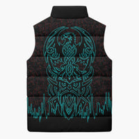 Viking Warrior Helm Sleeveless Puffer Jacket Neon Tribal Linework and Runic Pattern Art