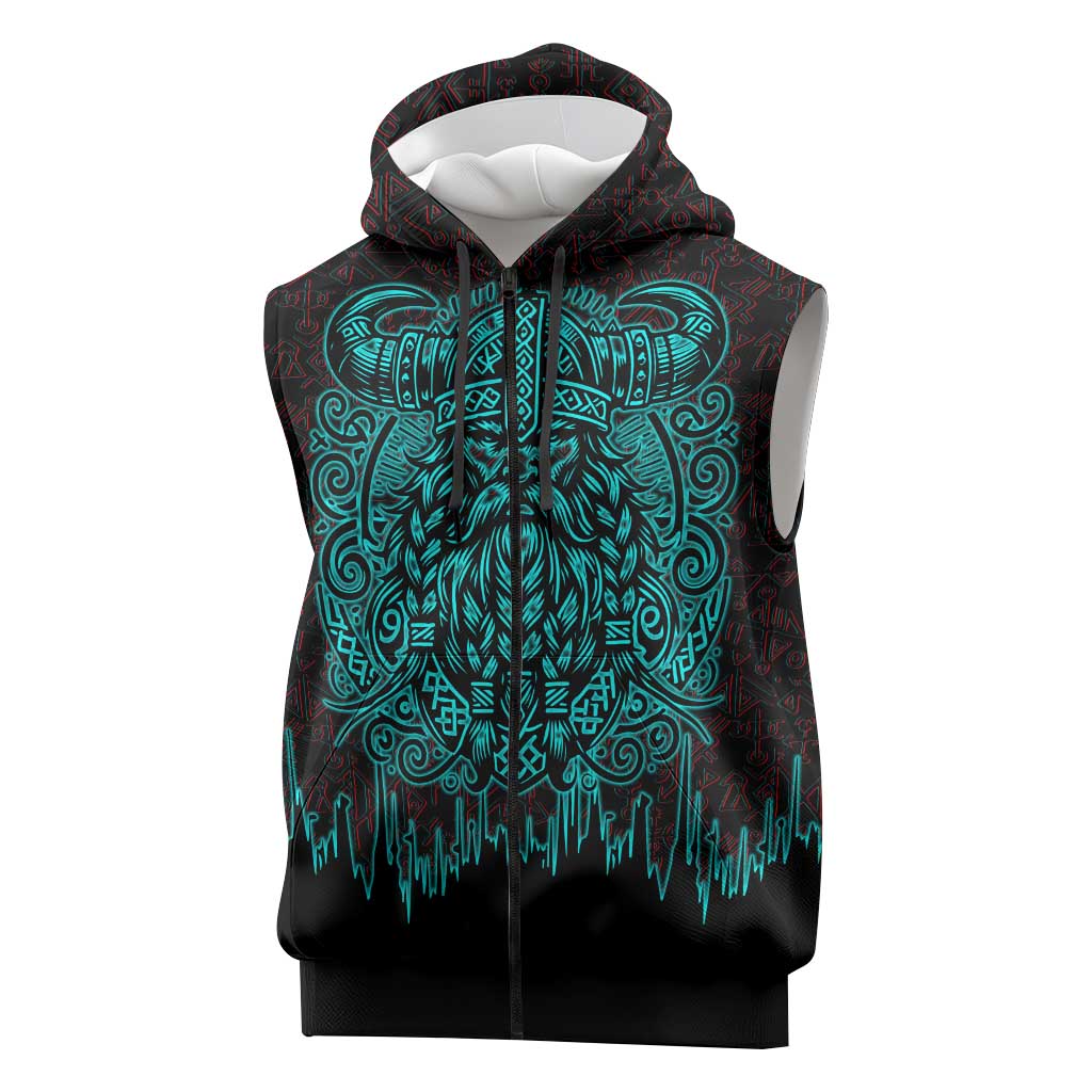 Viking Warrior Helm Sleeveless Zip Hoodie Neon Tribal Linework and Runic Pattern Art