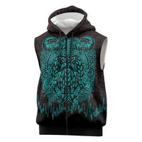 Viking Warrior Helm Sleeveless Zip Hoodie Neon Tribal Linework and Runic Pattern Art