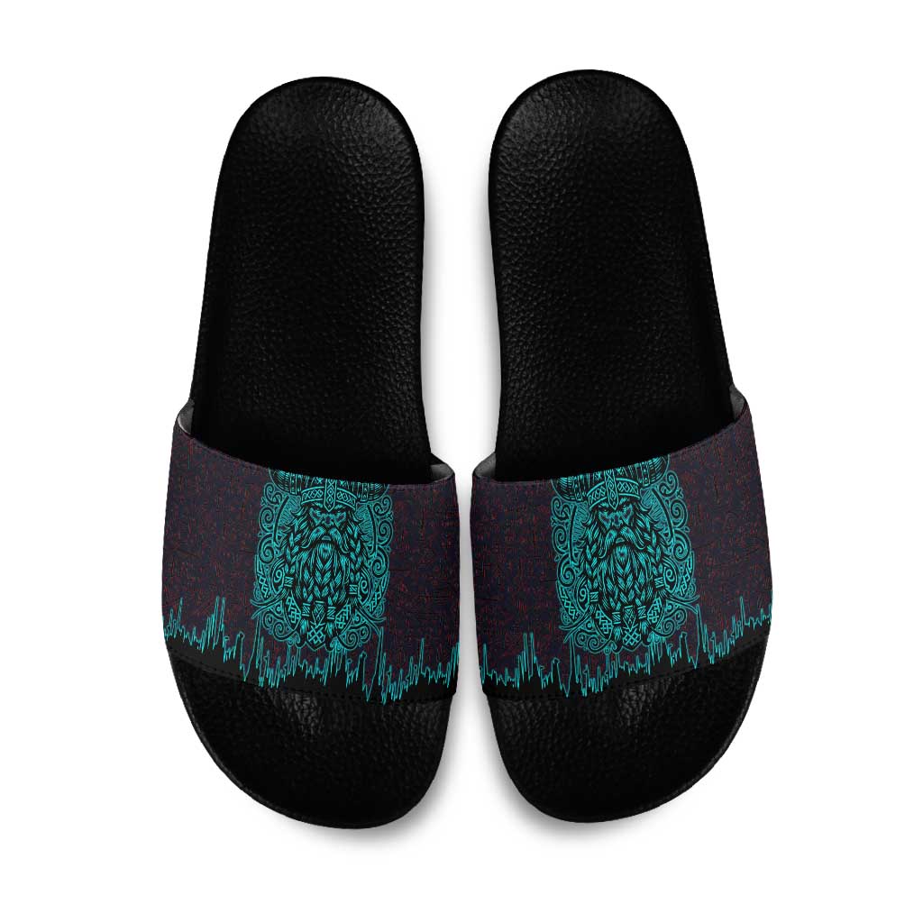 Viking Warrior Helm Slide Sandals Neon Tribal Linework and Runic Pattern Art