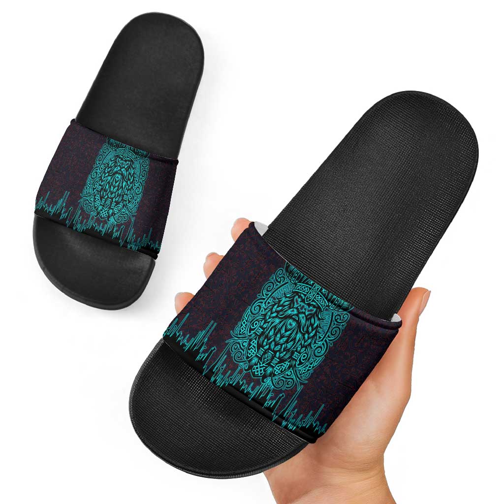 Viking Warrior Helm Slide Sandals Neon Tribal Linework and Runic Pattern Art