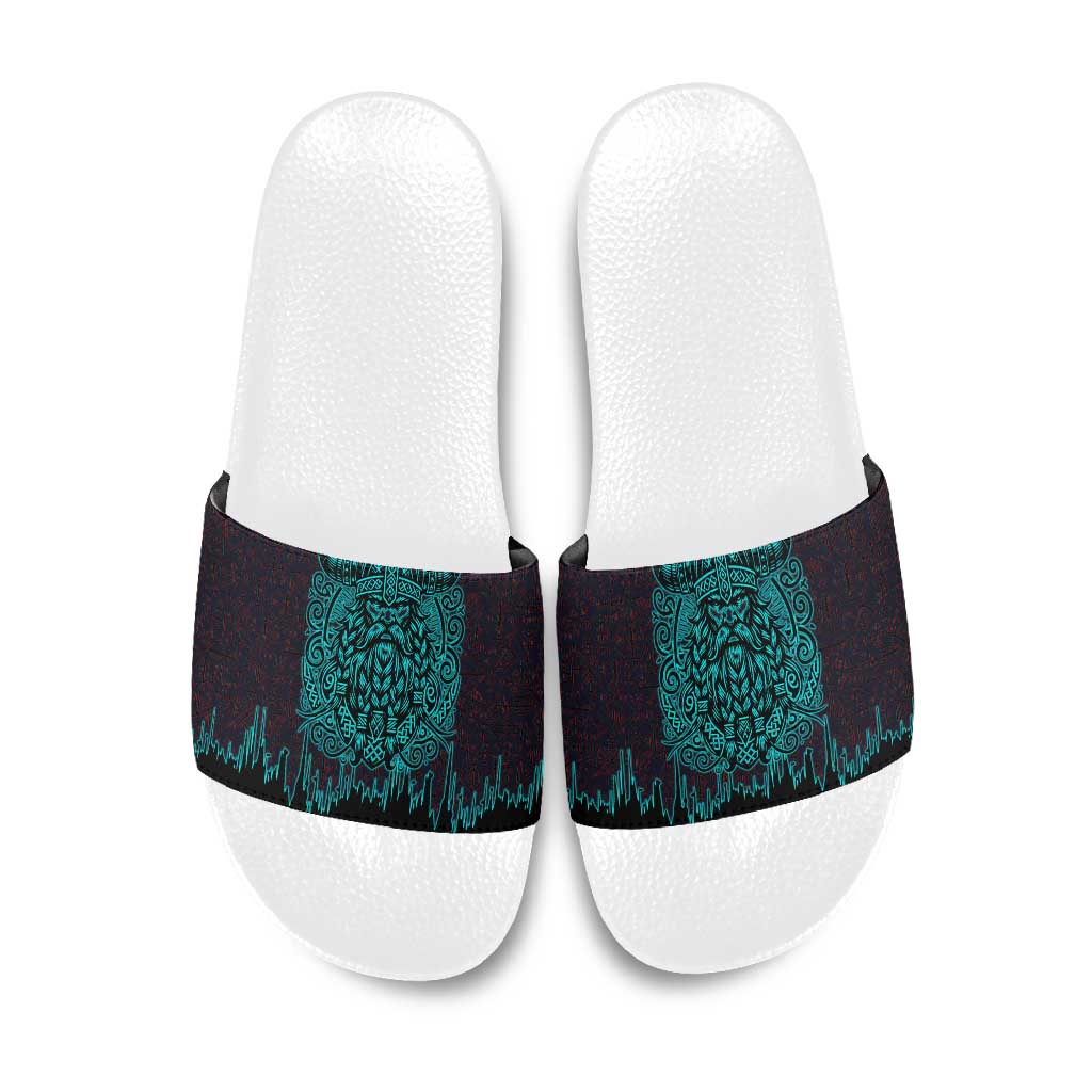 Viking Warrior Helm Slide Sandals Neon Tribal Linework and Runic Pattern Art