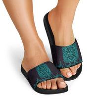 Viking Warrior Helm Slide Sandals Neon Tribal Linework and Runic Pattern Art