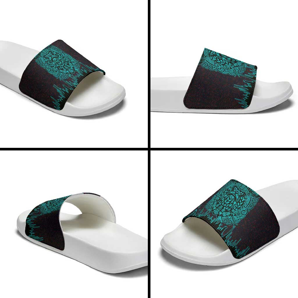 Viking Warrior Helm Slide Sandals Neon Tribal Linework and Runic Pattern Art