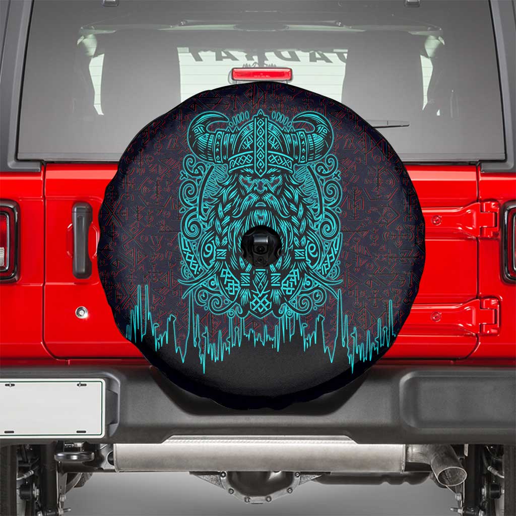 Viking Warrior Helm Spare Tire Cover Neon Tribal Linework and Runic Pattern Art