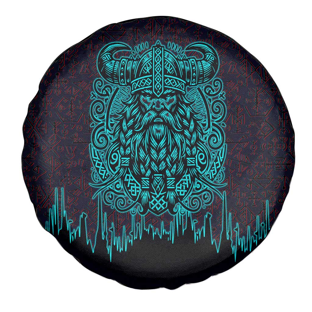 Viking Warrior Helm Spare Tire Cover Neon Tribal Linework and Runic Pattern Art