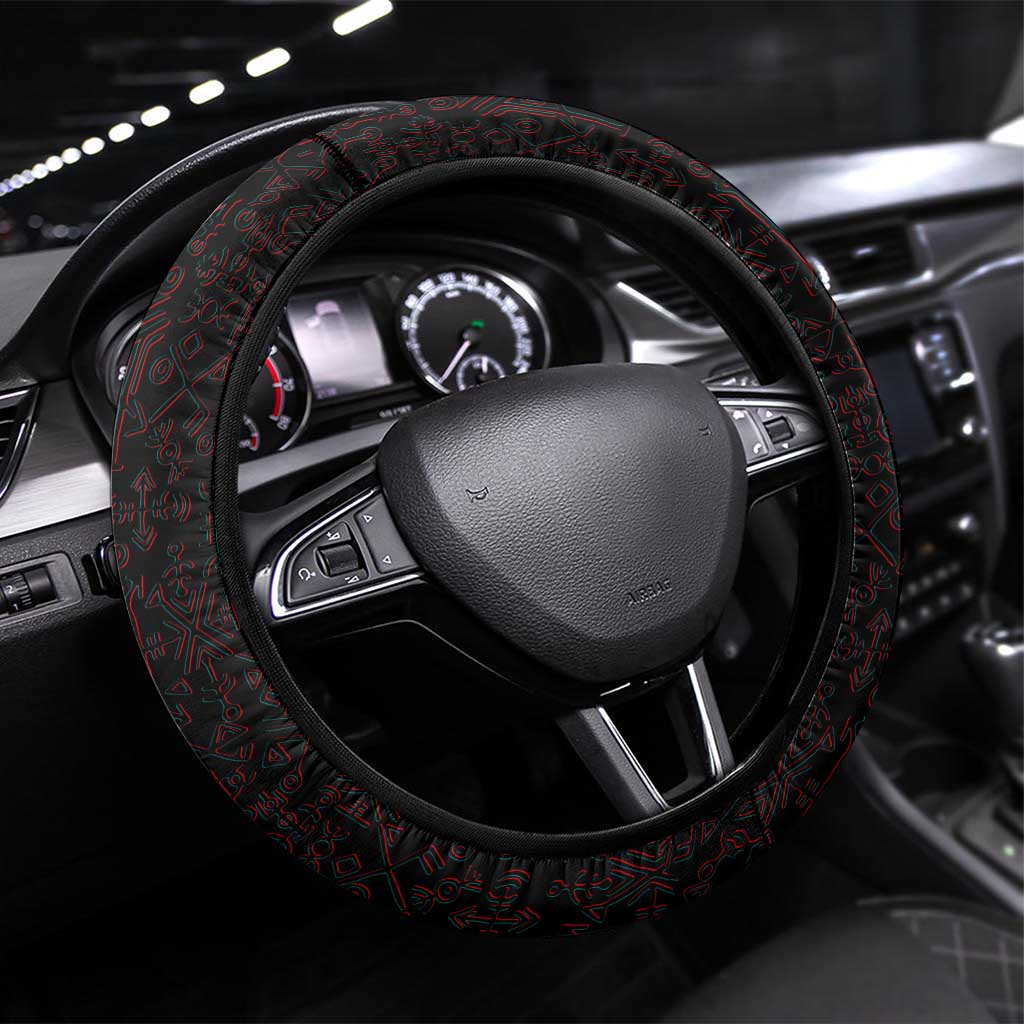 Viking Warrior Helm Steering Wheel Cover Neon Tribal Linework and Runic Pattern Art