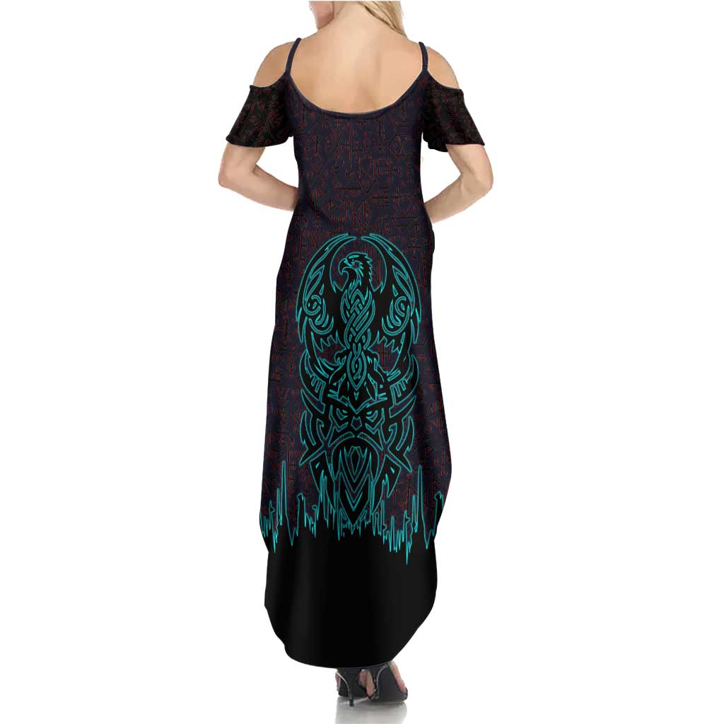 Viking Warrior Helm Summer Maxi Dress Neon Tribal Linework and Runic Pattern Art