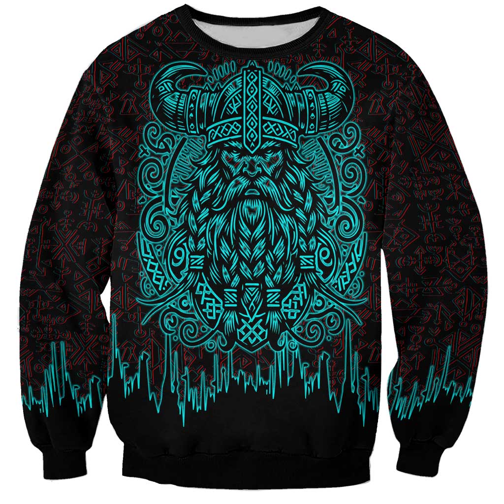 Viking Warrior Helm Sweatshirt Neon Tribal Linework and Runic Pattern Art
