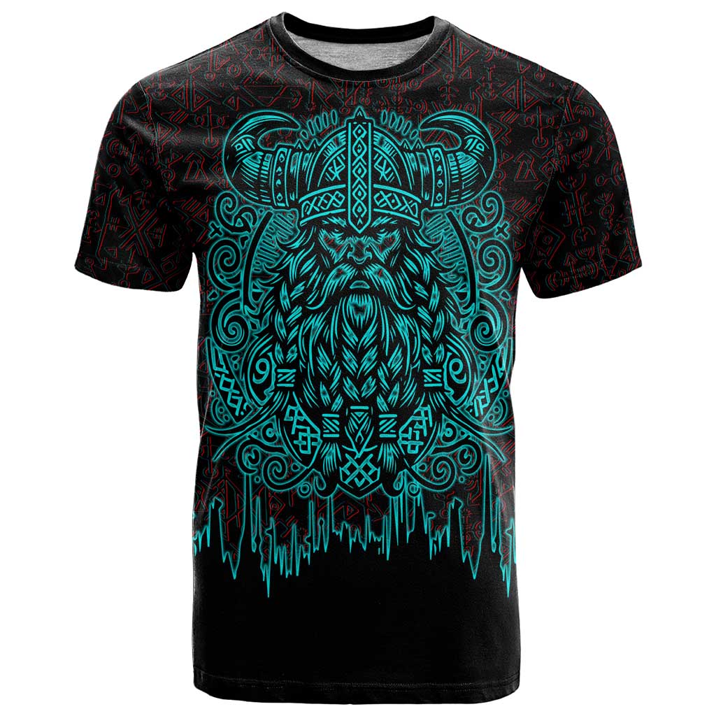 Viking Warrior Helm T Shirt Neon Tribal Linework and Runic Pattern Art