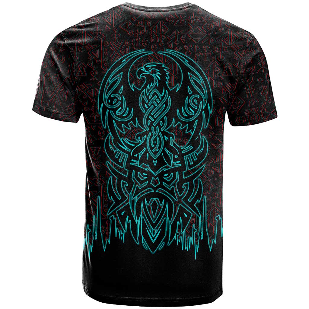 Viking Warrior Helm T Shirt Neon Tribal Linework and Runic Pattern Art
