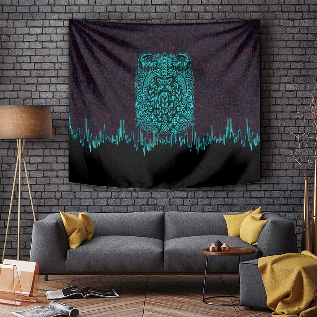 Viking Warrior Helm Tapestry Neon Tribal Linework and Runic Pattern Art