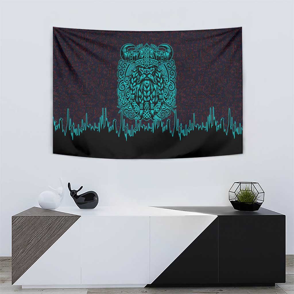 Viking Warrior Helm Tapestry Neon Tribal Linework and Runic Pattern Art