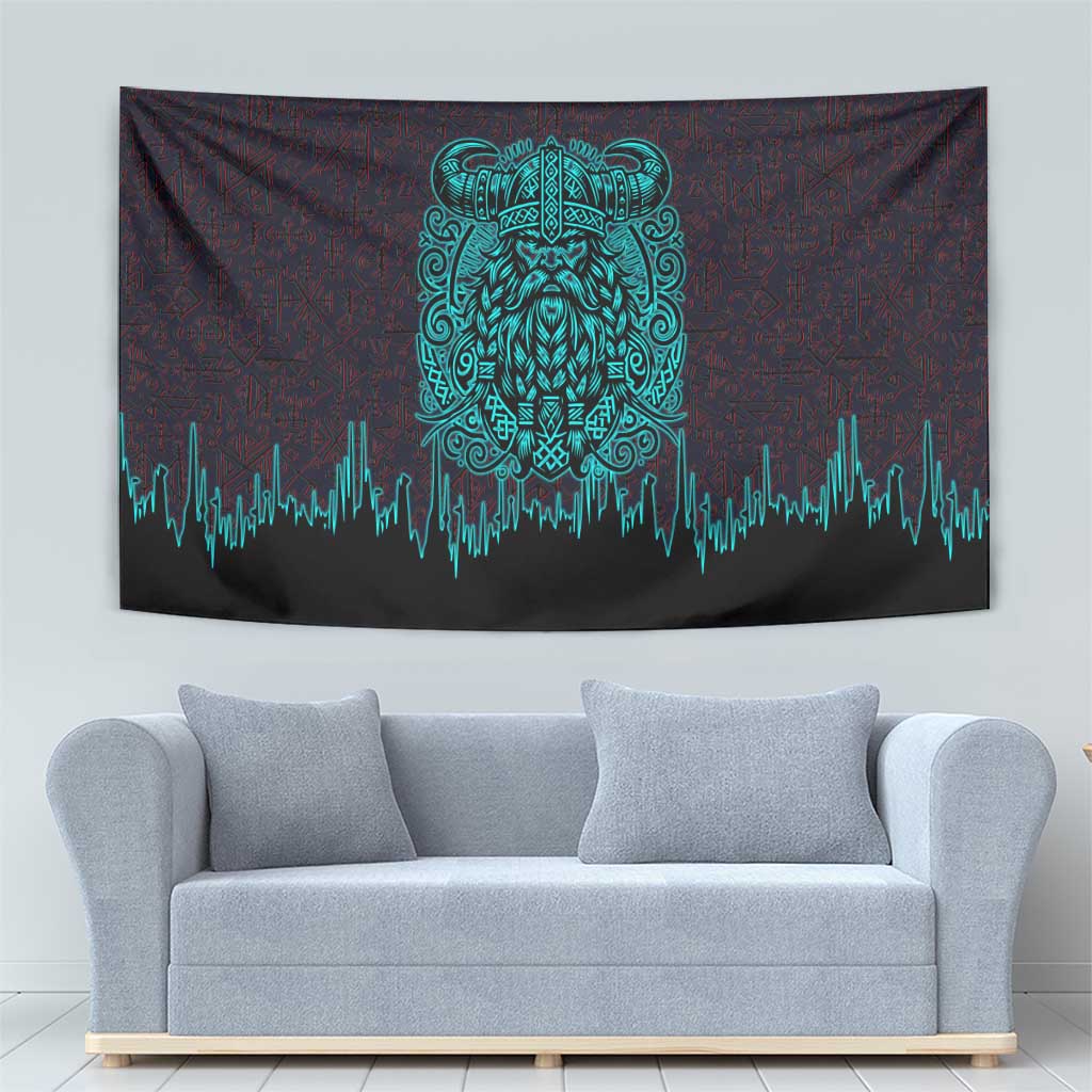 Viking Warrior Helm Tapestry Neon Tribal Linework and Runic Pattern Art