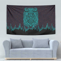 Viking Warrior Helm Tapestry Neon Tribal Linework and Runic Pattern Art