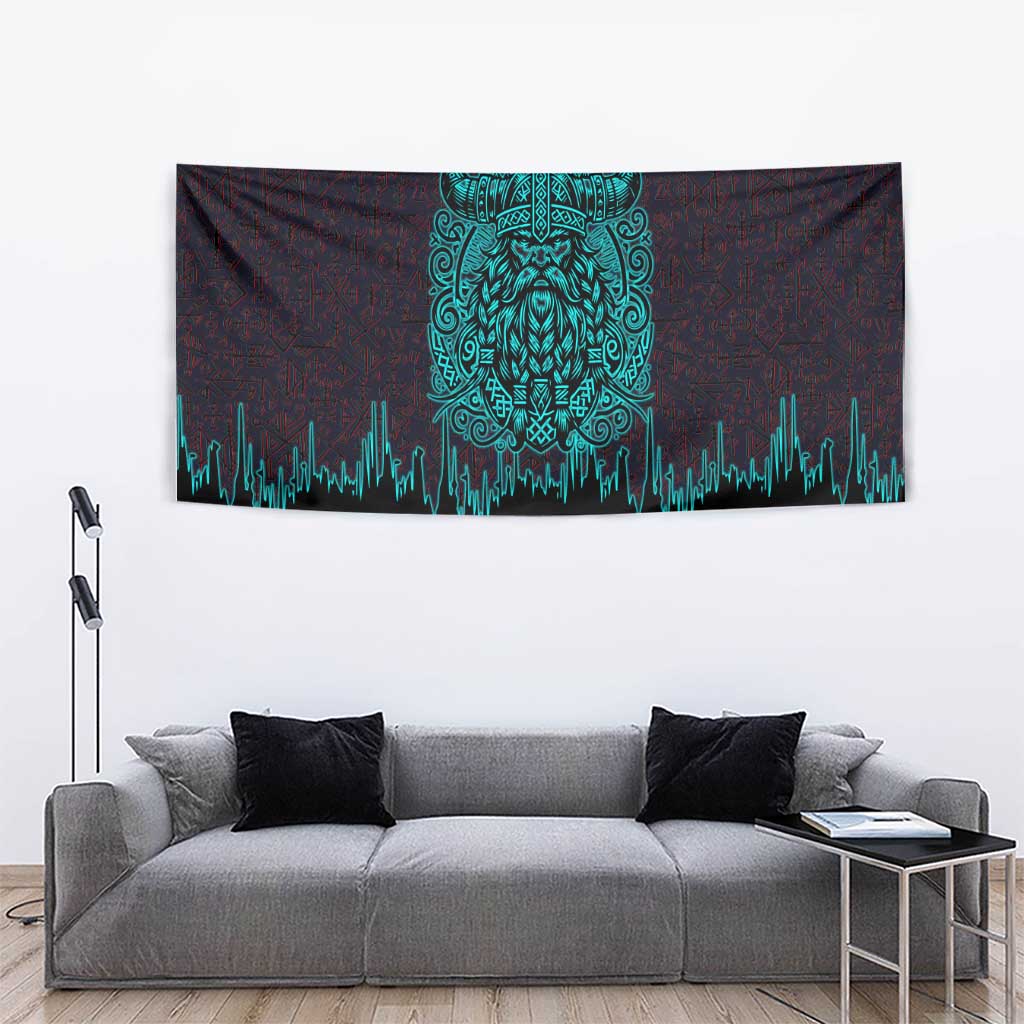 Viking Warrior Helm Tapestry Neon Tribal Linework and Runic Pattern Art