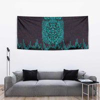 Viking Warrior Helm Tapestry Neon Tribal Linework and Runic Pattern Art
