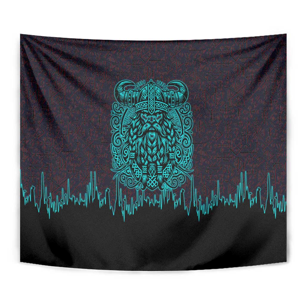 Viking Warrior Helm Tapestry Neon Tribal Linework and Runic Pattern Art