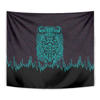 Viking Warrior Helm Tapestry Neon Tribal Linework and Runic Pattern Art