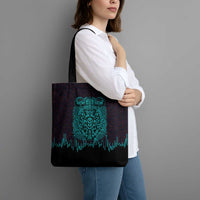 Viking Warrior Helm Tote Bag Neon Tribal Linework and Runic Pattern Art