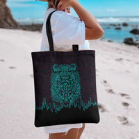 Viking Warrior Helm Tote Bag Neon Tribal Linework and Runic Pattern Art