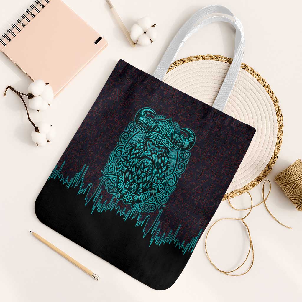 Viking Warrior Helm Tote Bag Neon Tribal Linework and Runic Pattern Art